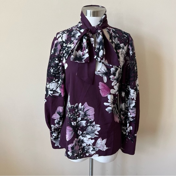 Natori Secretary Bow Floral Tie Neck Blouse 13525 - Picture 2 of 10